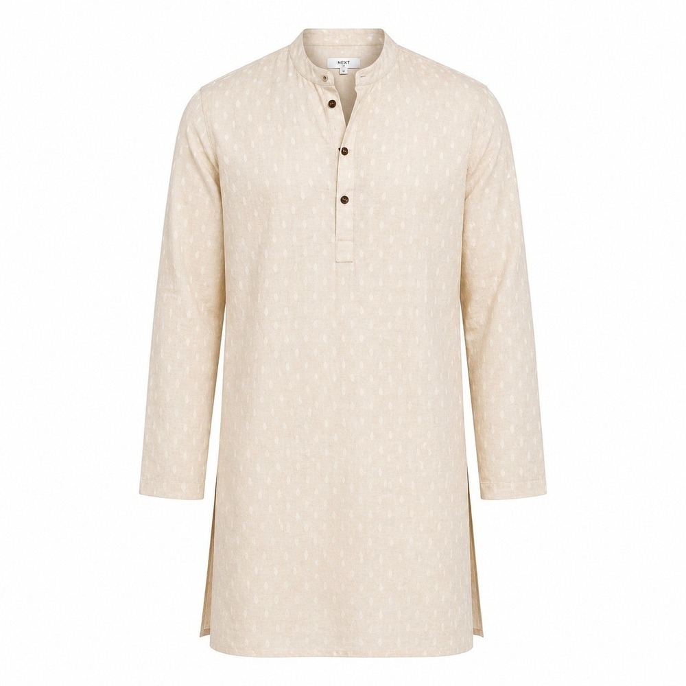 Next Mens Cotton Linen Kurta Tunic Shirt Oatmeal Dobby XL NWT